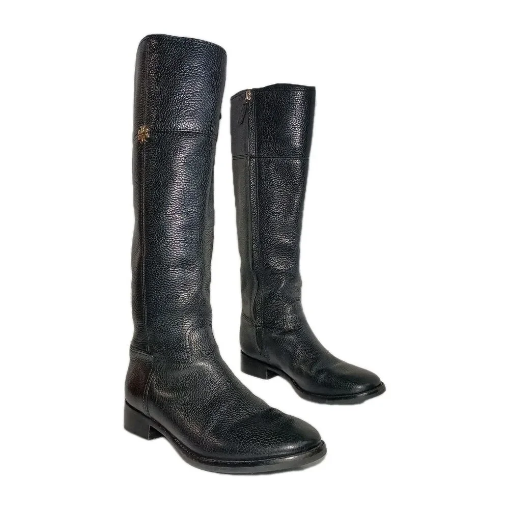 Tory Burch Jolie Riding Boots Shoes Womens Size 8M Black Grain Pebbled Leather
